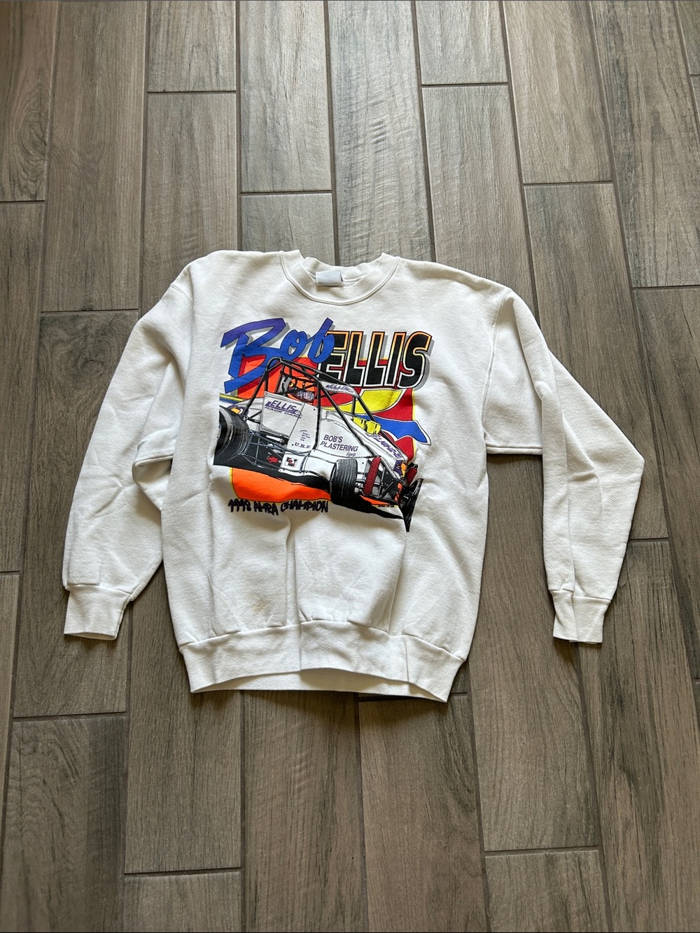 Hanes White Sweatshirt with Multicolor Racing Graphic